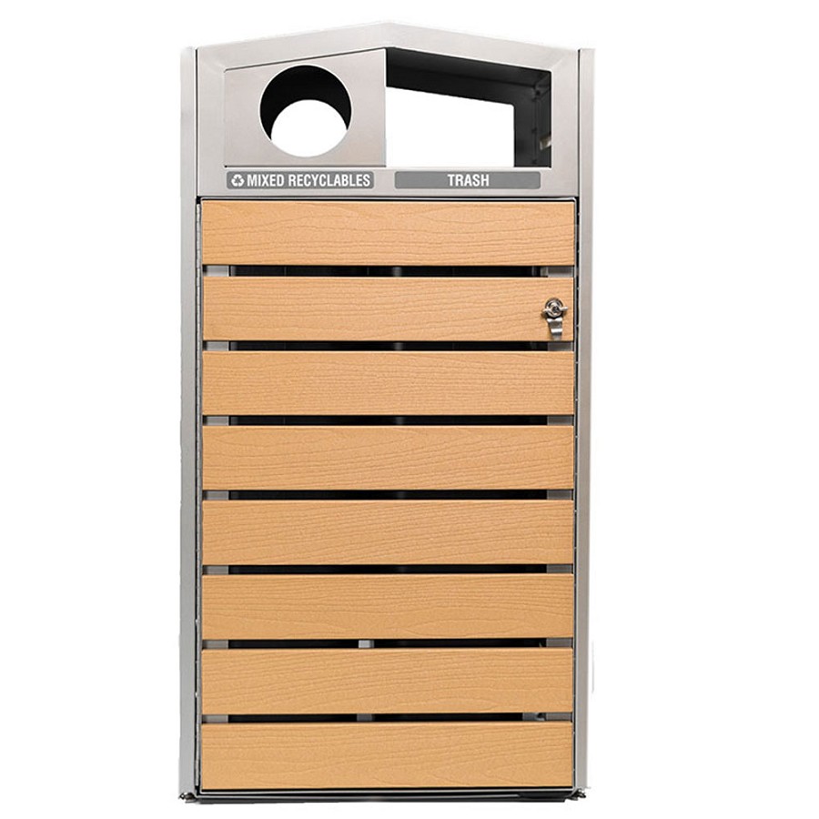 Commercial Zone Woodview 48-Gallon Double-Sided Recycling/Waste Container With Dome Lid Light Oak Plastic Lumber & Stainless Steel 