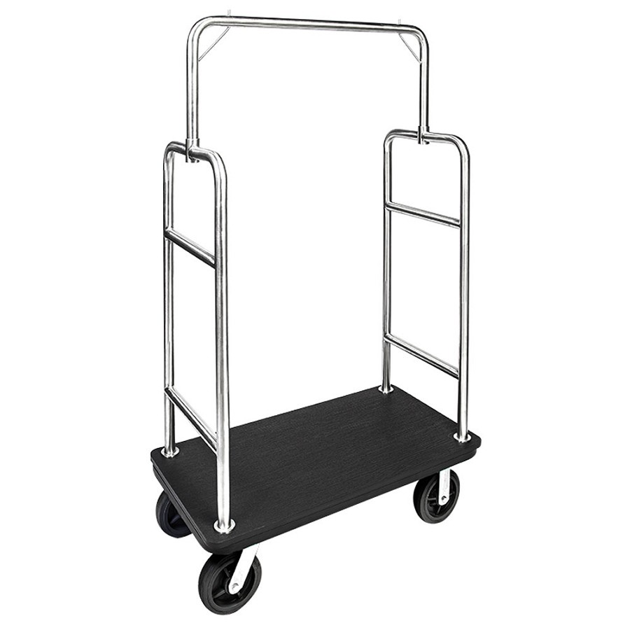 CSL Gold Coast Series Heavy Duty Brushed Stainless Steel Bellman's Cart Squared Top 1-1/2' With Plastic Deck 8' Black Pneumatic Casters 