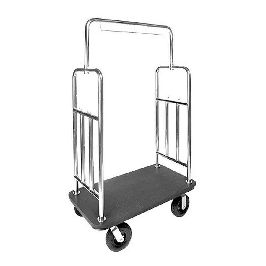 CSL Town Square Series Deluxe Stainless Steel Bellman's Cart With Squared Top & Side Bar 1-1/2' Tube Framing Plastic Deck 8' Black Pneumatic Wheels 