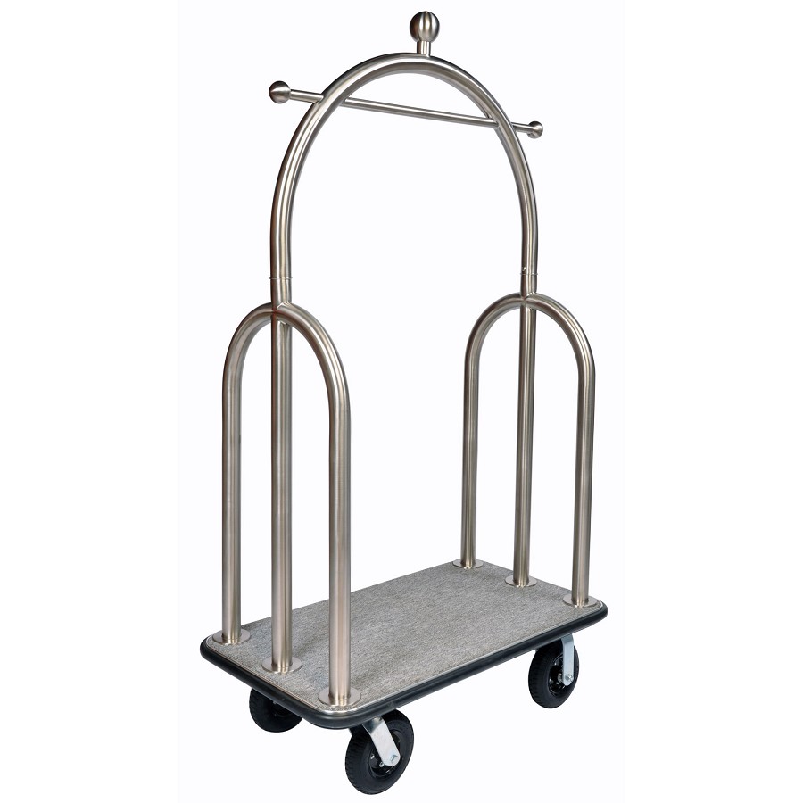 CSL Trident Style Deluxe Heavy Duty Brushed Stainless Steel Bellman's Cart 2' Tube Framing Black Bumper 8' Black Pneumatic Casters Gray Carpet 