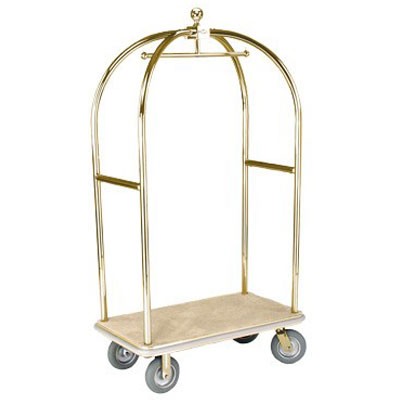 Forbes Birdcage Luggage Cart 1.5' Diameter Tubular Polished Brass Superstructure 8' Cushion Grey Non-Marking Wheels in Chrome Plated Caster Forks 