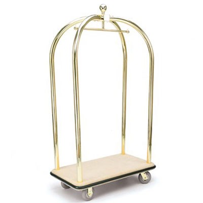Forbes Birdcage Luggage Cart 2' Diameter Solid Brass Tube 6' Cushion Grey Non-Marking Wheels in Brass Plated Caster Forks 