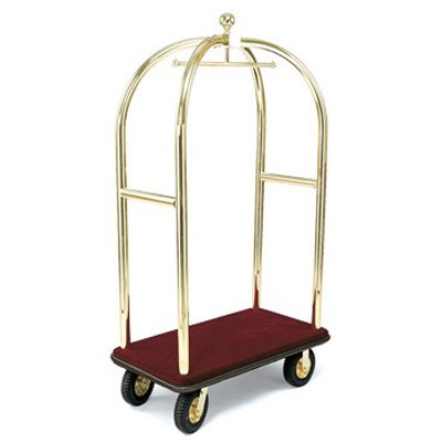 Forbes Birdcage Luggage Cart 2' Diameter Solid Brass Tube 8' Black Pneumatic Wheels in Brass Plated Hubs Caster Forks 