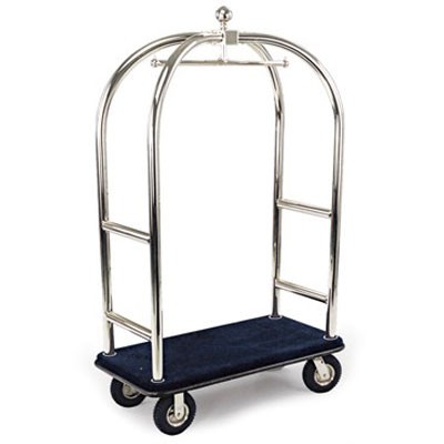 Forbes Birdcage Luggage Cart 2' Diameter Solid Brass Tube 2 Push Bars 2 Horizontal Retaining Bars Near Base 8' Black Pneumatic Wheels in Brass Plated Hubs Caster Forks 