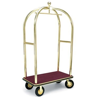 Forbes Birdcage Luggage Cart 2' Diameter Solid Brass Tube 8' Black Pneumatic Wheels in Brass Plated Hubs Caster Forks 