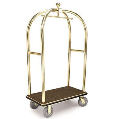 Forbes Birdcage Luggage Cart 2' Diameter Solid Brass Tube 8' Cushion Grey Non-Marking Wheels in Brass Plated Caster Forks 