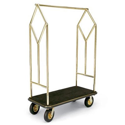 Forbes Deluxe Luggage Cart 1.25” Diameter Tubular Solid Brass Superstructure 8' Black Pneumatic Wheels in Brass Plated Hubs & Forks 