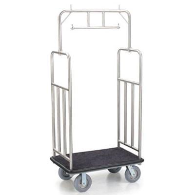 Forbes Standard Luggage Cart 1.25” Diameter Satin Diamond Textured Stainless Steel Superstructure Double Hanger Bar Vertical Retaining Bar 8” Grey Cushion Wheels 