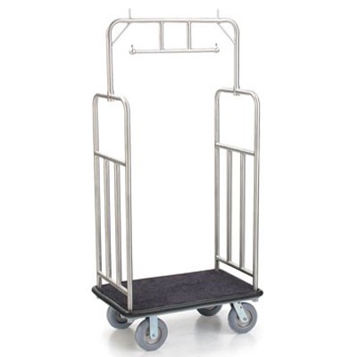 Forbes Standard Luggage Cart 1.25” Diameter Brushed Stainless Steel Superstructure Double Hanger Bar Vertical Retaining Bar 8” Grey Cushion Wheels 