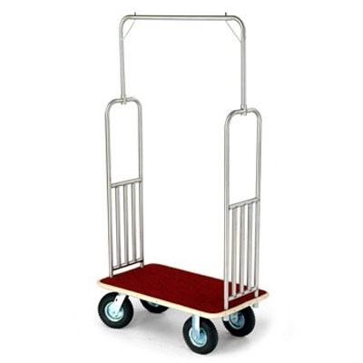 Forbes Standard Luggage Cart Brushed Stainless Steel Superstructure With Extra Vertical Retaining Bars 8' Black Pneumatic Wheels 