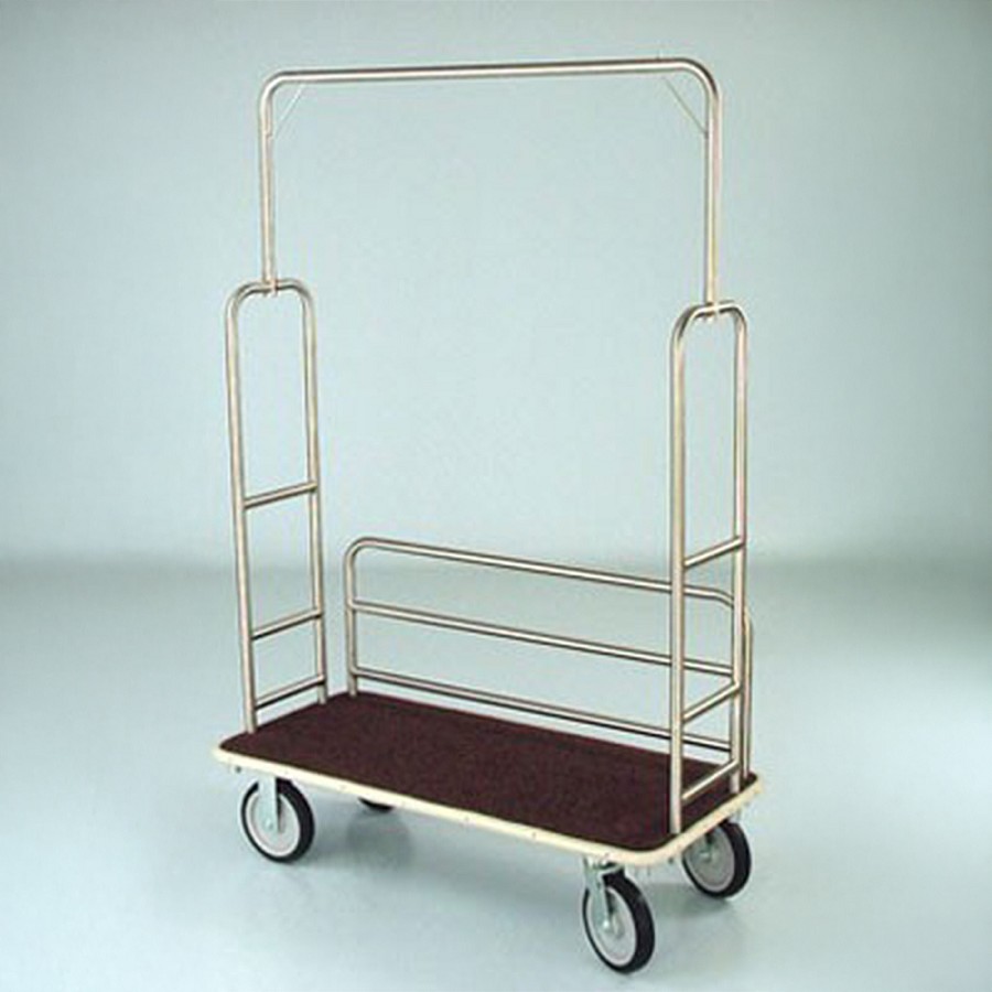 Forbes Standard Luggage Cart Brushed Stainless Steel Superstructure With 1 Long Side Retaining Bars 8' Black Wheels 