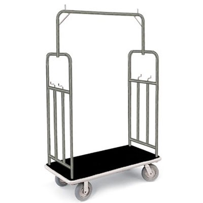 Forbes Standard Luggage Cart 1.25' Diameter Satin Diamond Textured Superstructure With Brushed Finish 4 Utility Hooks Extra Long Retainers on Hanger Bar 8' Grey Cushion Wheels 