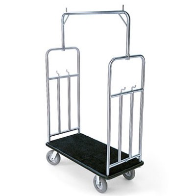 Forbes Standard Luggage Cart 1.25' Diameter Stainless Steel Tube Superstructure With Brushed Finish 4 Utility Hooks Extra Long Retainers on Hanger Bar 8' Grey Cushion Wheels 