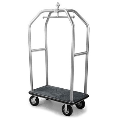 Forbes Deluxe Luggage Cart 2” Square Tubular Polished Diamond Textured Stainless Steel Superstructure Two 2” Diameter Push Bars 8” Black Pneumatic Wheels in Chrome Plated Hubs & Forks 