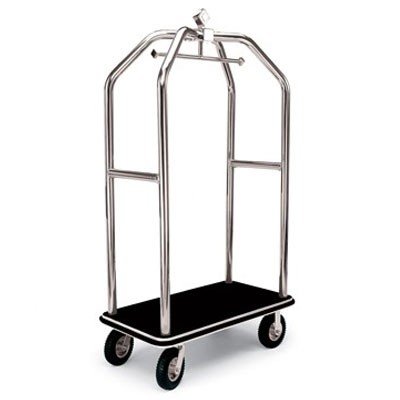 Forbes Deluxe Luggage Cart 2” Square Tubular Polished Stainless Steel Superstructure Two 2” Diameter Push Bars 8” Black Pneumatic Wheels in Chrome Plated Hubs & Forks 