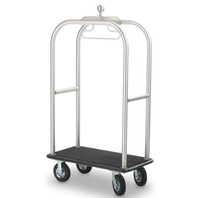 Forbes Deluxe Luggage Cart 2” Diameter Tubular Brushed Stainless Steel Superstructure With Contemporary Design Enclosed Hanger Bar 8” Black Pneumatic Wheels in Zinc Plated Hubs & Forks 
