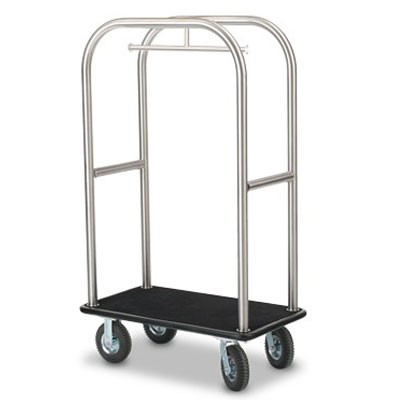 Forbes Deluxe Luggage Cart 2” Diameter Tubular Brushed Stainless Steel Superstructure With Contemporary Design Horizontal Cross Tube With Hanger Bar 8” Black Pneumatic Wheels in Zinc Plated Hubs & Forks 