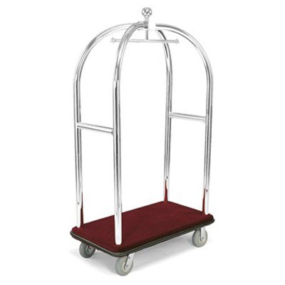 Forbes Birdcage Luggage Cart 2' Diameter Polished Diamond Textured Stainless Steel Tube 6' Cushion Grey Non-Marking Wheels in Chrome Plated Caster Forks 