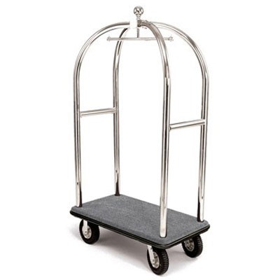Forbes Birdcage Luggage Cart 2' Diameter Tubular Brushed Stainless Steel Superstructure 8' Black Pneumatic Wheels in Chrome Plated Caster Forks 