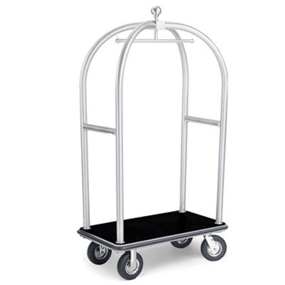 Forbes Birdcage Luggage Cart 2” Diameter Tubular Polished Diamond Textured Stainless Steel Superstructure 8' Black Pneumatic Wheels in Chrome Plated Hubs & Forks 