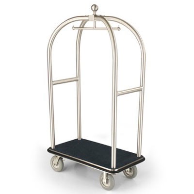 Forbes Birdcage Luggage Cart 2” Diameter Tubular Brushed Stainless Steel Superstructure 8' Cushion Gray Wheels in Chrome Plated Caster Forks 