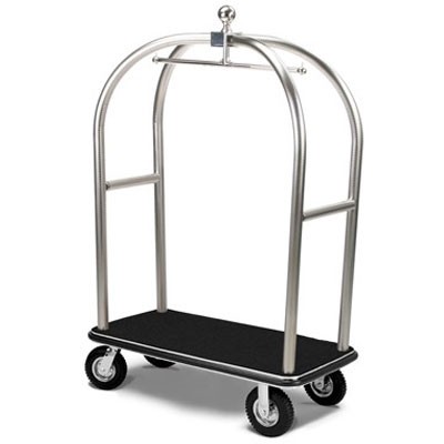 Forbes Birdcage Luggage Cart 2” Diameter Tubular Polished Diamond Textured Stainless Steel Superstructure Longer & Lower Design 8' Black Pneumatic Wheels in Chrome Plated Hubs & Forks 