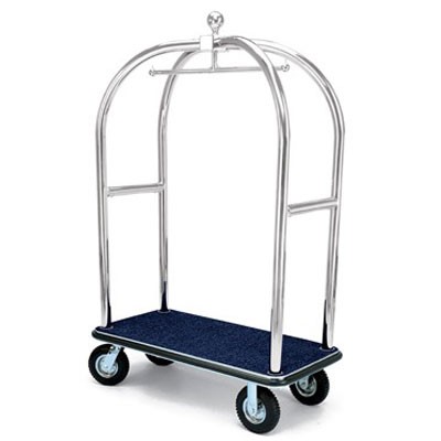 Forbes Birdcage Luggage Cart 2” Diameter Tubular Brushed Stainless Steel Superstructure Longer & Lower Design 8' Black Pneumatic Wheels in Chrome Plated Hubs & Forks 
