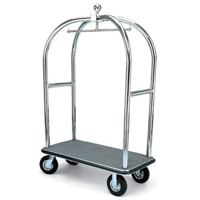 Forbes Birdcage Luggage Cart 2” Diameter Tubular Polished Stainless Steel Superstructure Longer & Lower Design 8' Black Pneumatic Wheels in Chrome Plated Hubs & Forks 