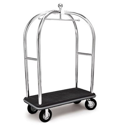 Forbes Birdcage Luggage Cart 2” Diameter Tubular Brushed Stainless Steel Superstructure Longer & Lower Design 8” Black Pneumatic Wheels in Chrome Plated Hubs & Forks 