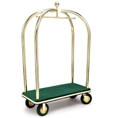 Forbes Birdcage Luggage Cart 2” Diameter Tubular Brushed Stainless Steel Superstructure Longer & Lower Design 8” Black Pneumatic Wheels in Chrome Plated Hubs & Forks 