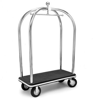 Forbes Birdcage Luggage Cart 2” Diameter Tubular Polished Stainless Steel Superstructure Longer & Lower Design 8” Black Pneumatic Wheels in Chrome Plated Hubs & Forks 