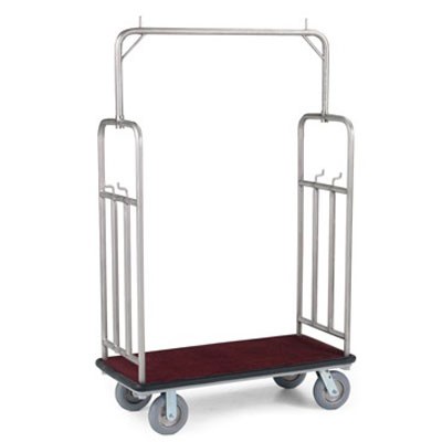 Forbes Deluxe Luggage Cart 1.25” Diameter Tubular Polished Diamond Textured Stainless Steel Superstructure 4 Retaining Bars 4 Garment Hooks 8” Cushion Gray Wheels in Chrome Plated Forks 