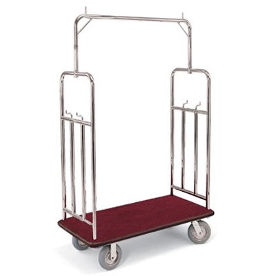 Forbes Deluxe Luggage Cart 1.25” Diameter Tubular Brushed Stainless Steel Superstructure 4 Retaining Bars 4 Garment Hooks 8” Cushion Gray Wheels in Chrome Plated Forks 