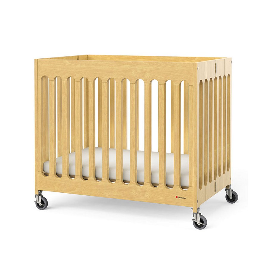 Foundations Compact Boutique Wood Folding Crib Slatted With Oversized Casters & 3' Foam Mattress Natural 