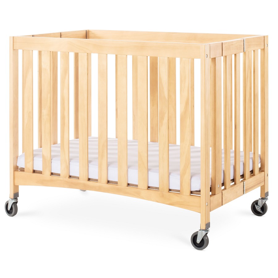 Foundations Compact Travel Sleeper Wood Folding Crib Slatted With Oversized Casters & 2' Foam Mattress Natural 