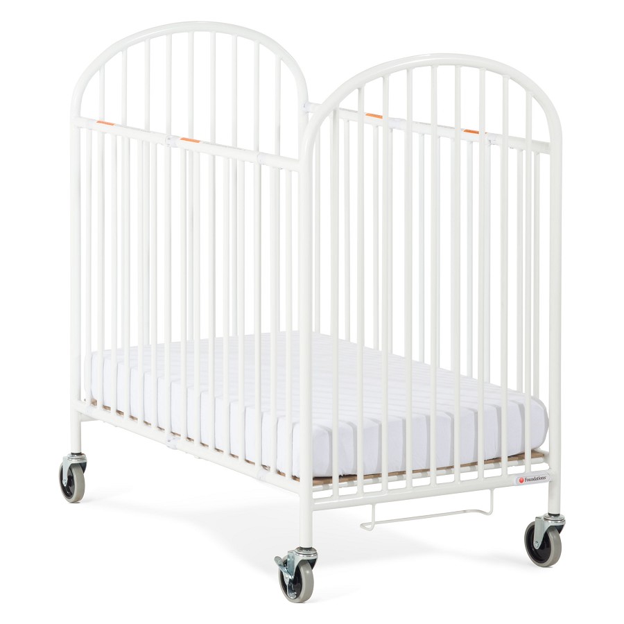 Foundations Compact Pinnacle RTA Steel Folding Crib With Oversized Commercial Casters & 4' Foam Mattress White 