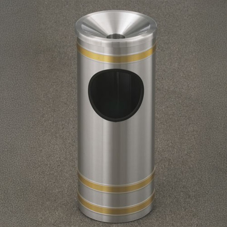 Glaro 3-Gallon 'Capri' WasteMaster Collection Funnel Top Ash/Trash Receptacles Satin Aluminum With Satin Brass Bands 