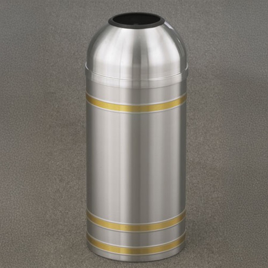 Glaro 8-Gallon 'Capri' WasteMaster Collection Open Dome Top Waste Receptacles Satin Aluminum With Satin Brass Bands 
