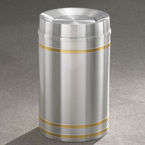 Glaro 33-Gallon 'Capri' WasteMaster Collection Tip Action Top Waste Receptacles Satin Aluminum With Satin Brass Bands 