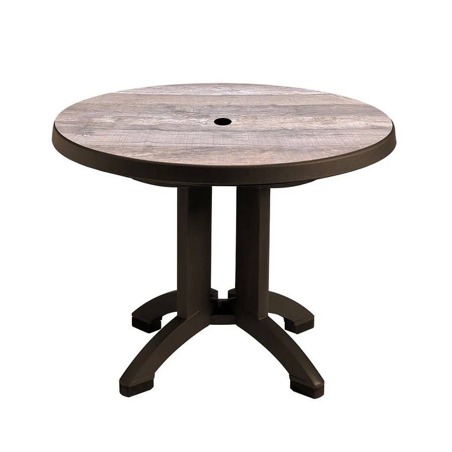 Grosfillex 38' Aquaba Round Table With Umbrella Hole Ranch Décor/Bronze Base 
