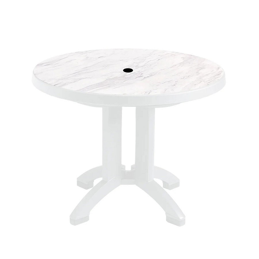 Grosfillex 38' Aquaba Round Table With Umbrella Hole White Marble Décor/White Base 