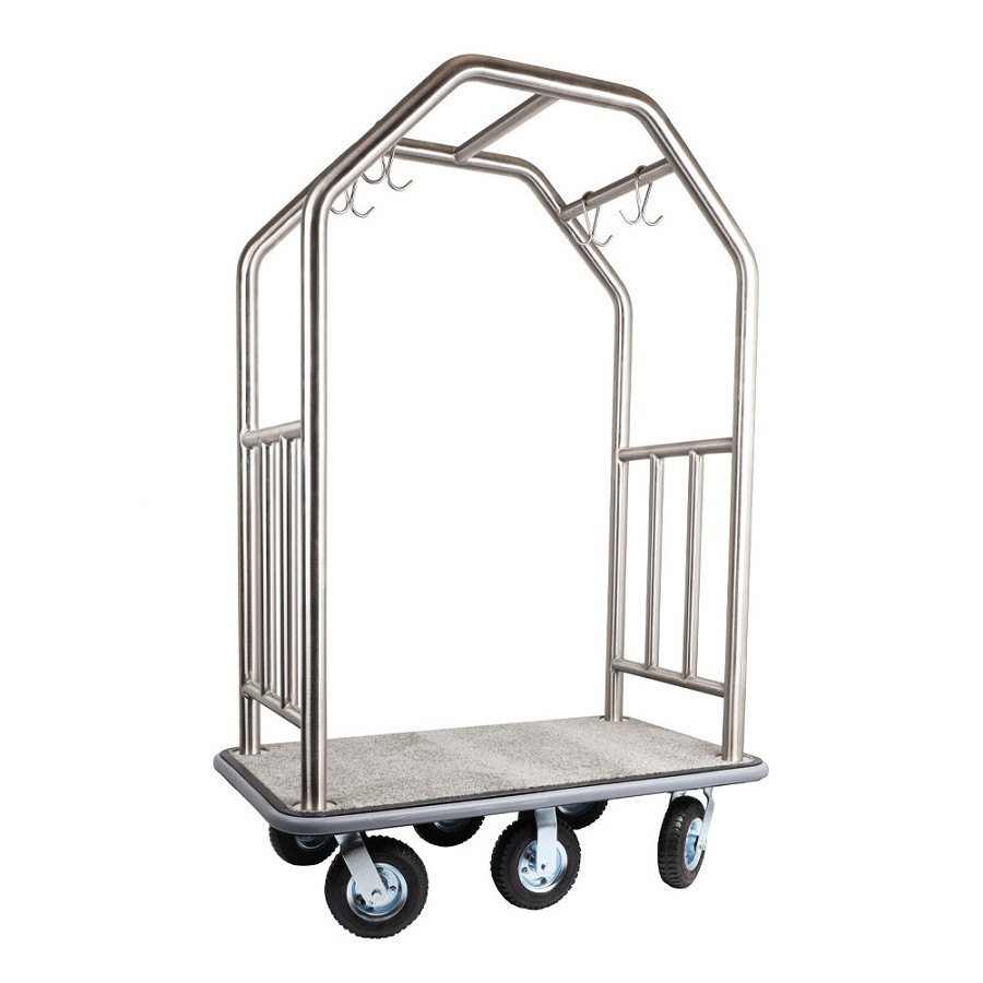 Hospitality 1 Source 6 Wheel Estate Series Bellman's Cart With 8” Fully Pneumatic Wheels Brushed Stainless Steel 
