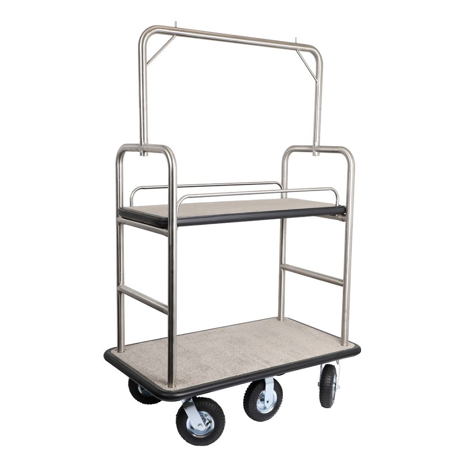 Hospitality 1 Source 6 Wheel Dual Deck Midtown Series Bellman's Cart With 8” Fully Pneumatic Wheels Brushed Stainless Steel 