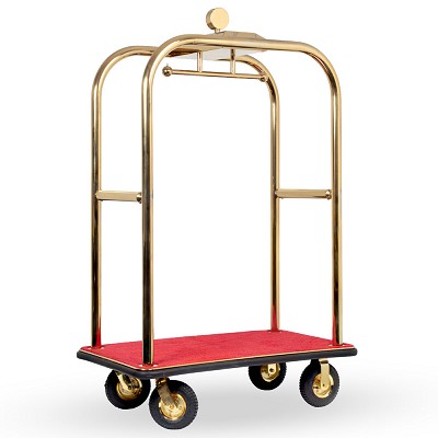 Hospitality 1 Source Boardwalk Series Bellman's Cart With 8” Fully Pneumatic Wheels Titanium Gold With Red Carpet 