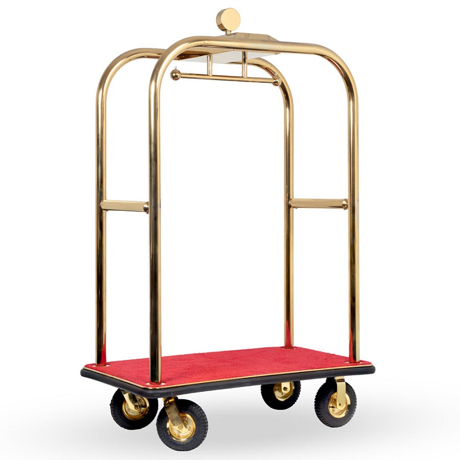 Hospitality 1 Source Boardwalk Series Bellman's Cart With 8” Fully Pneumatic Wheels Titanium Gold With Red Carpet 