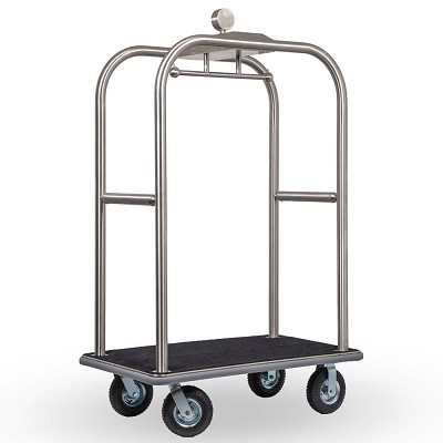 Hospitality 1 Source Boardwalk Series Bellman's Cart With 8” Fully Pneumatic Wheels Brushed Stainless Steel With Black Carpet 