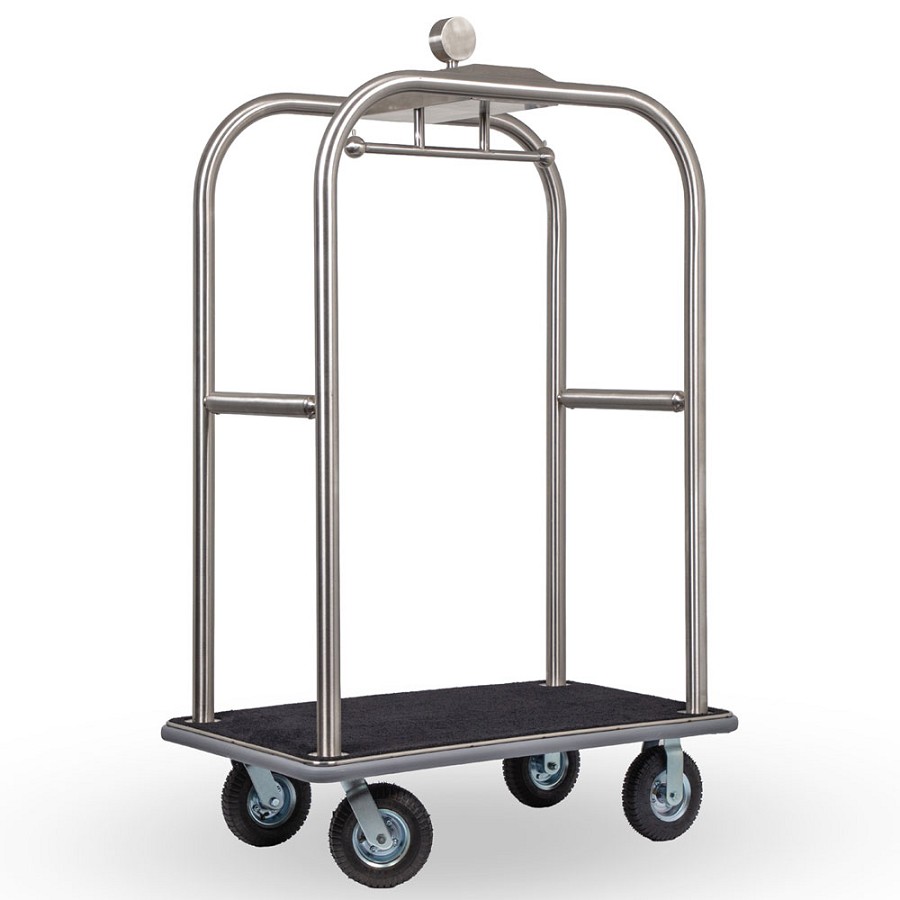 Hospitality 1 Source Boardwalk Series Bellman's Cart With 8” Fully Pneumatic Wheels Brushed Stainless Steel With Black Carpet 