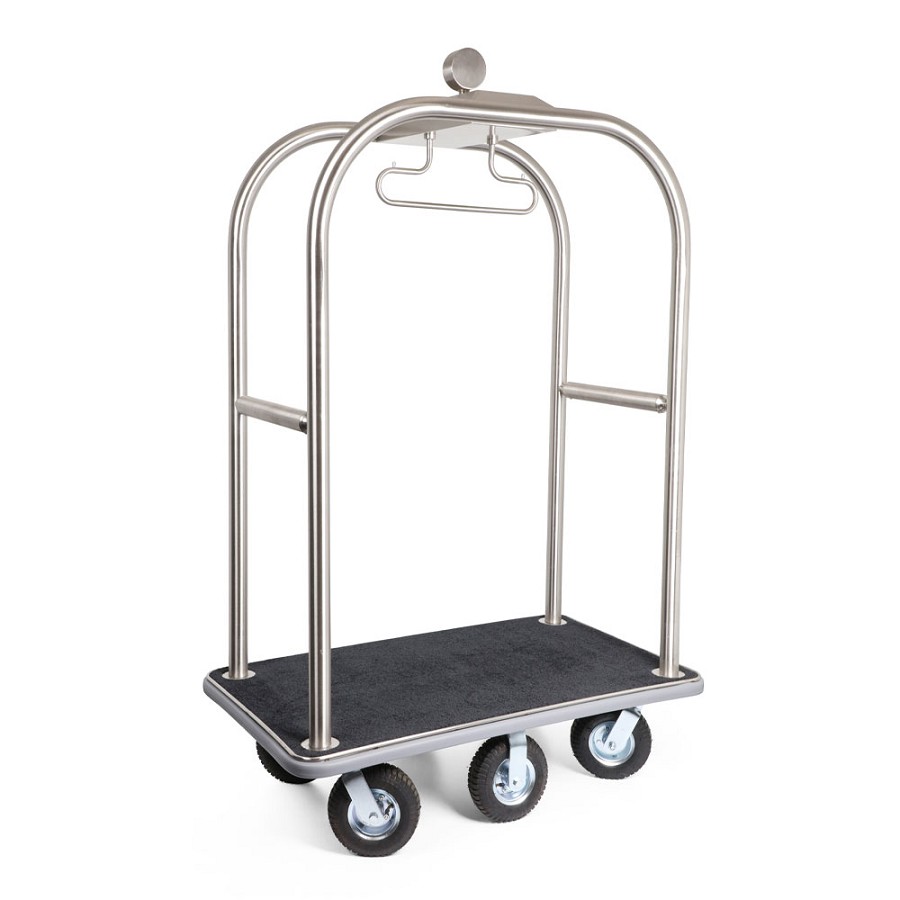 Hospitality 1 Source 6 Wheel Boardwalk Series Bellman's Cart With 8” Fully Pneumatic Wheels Brushed Stainless Steel With Black Carpet 