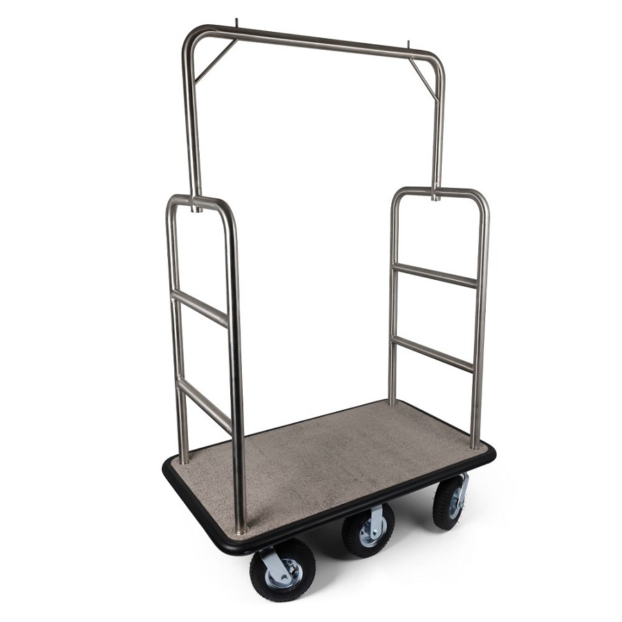 Hospitality 1 Source 6 Wheel Midtown Series Bellman's Cart With 8” Fully Pneumatic Wheels Brushed Stainless Steel 