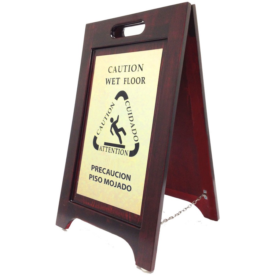 Hospitality 1 Source Wooden Wet Floor Sign Bilingual Brass/Walnut Finish 2 Per Case Price Per Each 